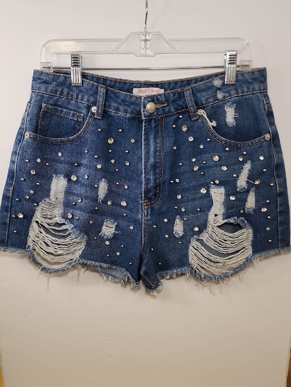 Mele E Pere Distressed Denim Shorts Studded Blue NWT Size Large